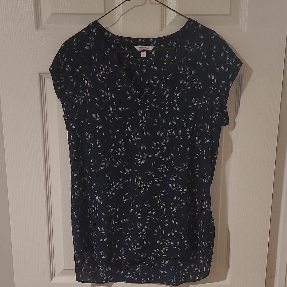 Essentials Navy Blue Blouse with White Leaf Pattern